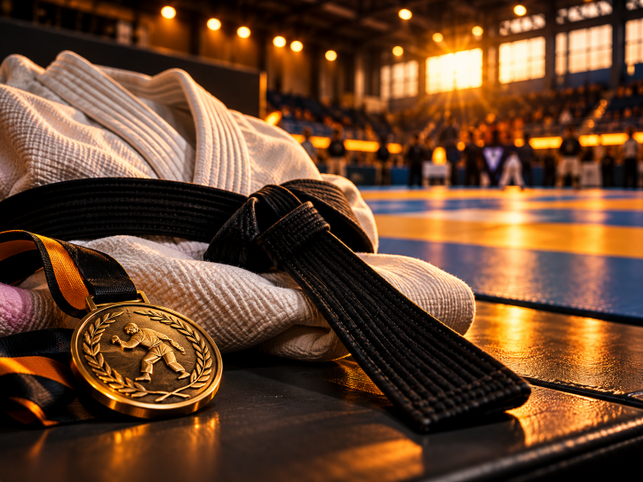 Judoga, czarny pas i medal na tle hali zawodów